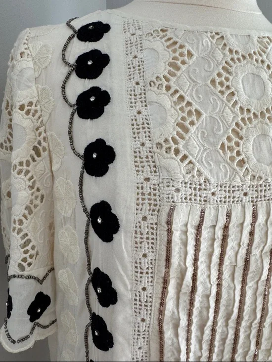 Floreat Anthropologie Tunic Blouse Top - Ivory/Black Floral Lace, Size 12 - Picture 9 of 11